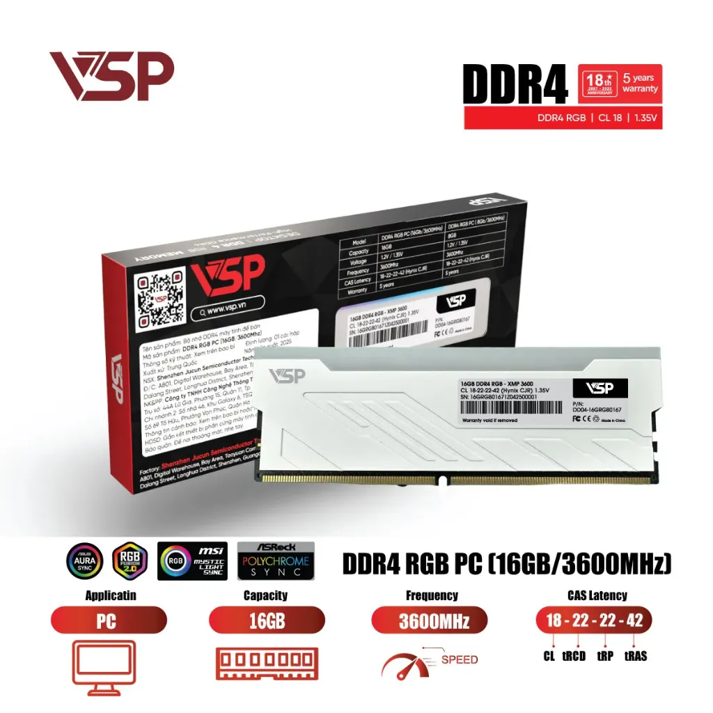 Bộ nhớ Ram Desktop VSP RGB 16GB DDR4 3600MHz