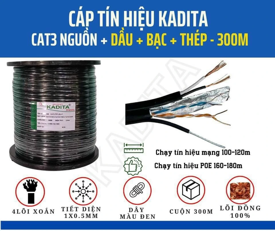 Cáp mạng Kadita FTP Cat3 4 lõi liền nguồn cường lực